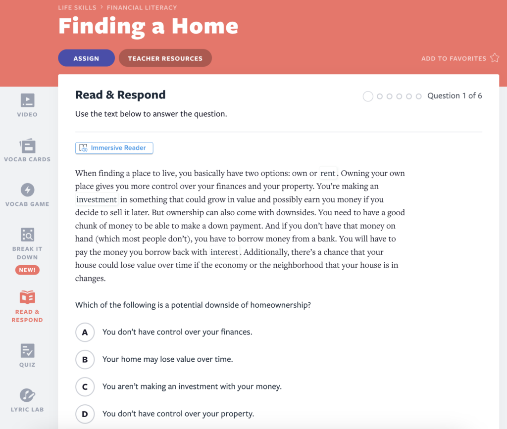 Finding a Home Read and Respond activity
