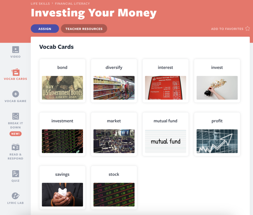 Investera dina pengar Vocab Cards aktivitet
