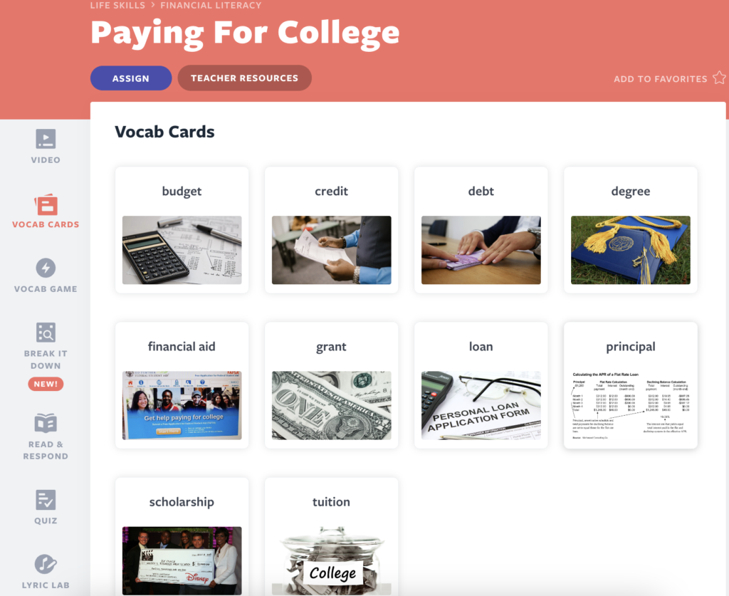 Pagamento per l'attività delle College Vocab Cards