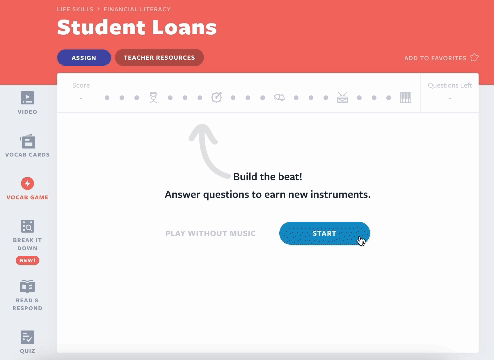 Atividade do jogo Vocab de empréstimos estudantis