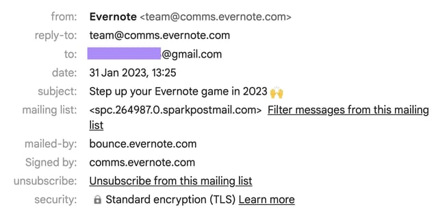 ejemplos de encabezados de correo electrónico, Evernote