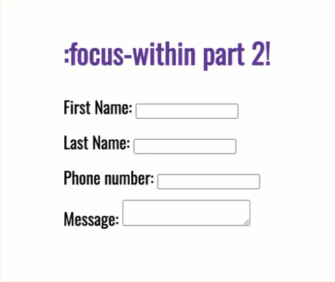 Mostrando cómo poner en negrita, cambiar el color y el tamaño de fuente de las etiquetas en un formulario usando :focus-within.