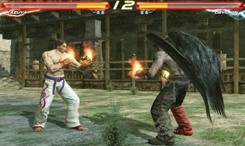 Screenshot van een Tekken 6-gevecht met twee iconische personages zoals Jin en Kazuya.