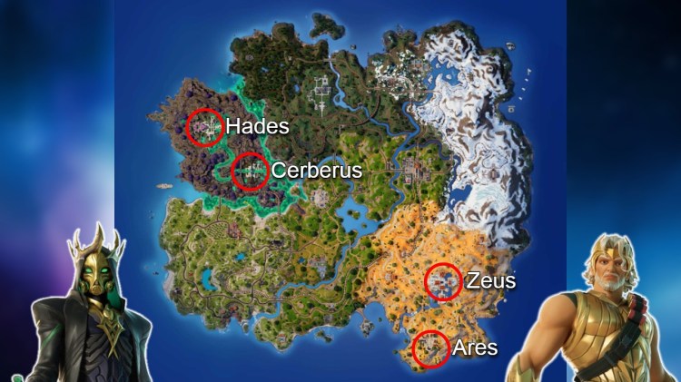 Omcirkelde locaties van alle bazen van Fortnite Chapter 5 Seizoen 2 (Hades, Zeus, Ares en Cerberus)