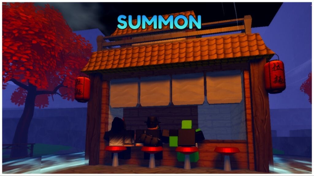La imagen muestra la cabaña de invocación del anime Last Stand al anochecer. El texto azul resalta la choza que dice SUMMON. Sentados en los taburetes de la barra de la choza hay tres NPC que dan la espalda al espectador.