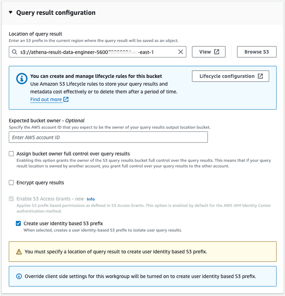 Configure location for query result and enable user identity based S3 prefix