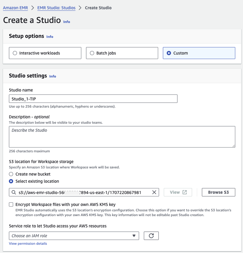 Create EMR Studio with Custom Set up option