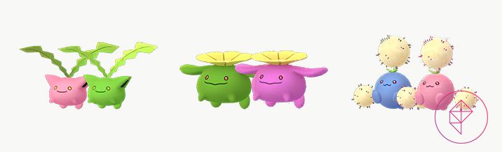 Shiny Hoppip, Skiploom und Jumpluff mit ihren regulären Formen. Hoppip wechselt von Pink zu Grün, Skiploom wechselt von Grün zu Pink und Jumpluff wechselt von Blau zu Pink.