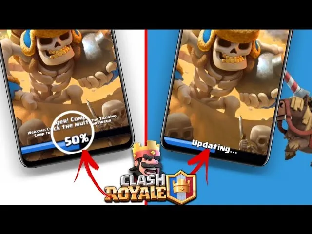 Schermafbeelding van de Clash Royale-app die vastloopt op het laadscherm van de update.