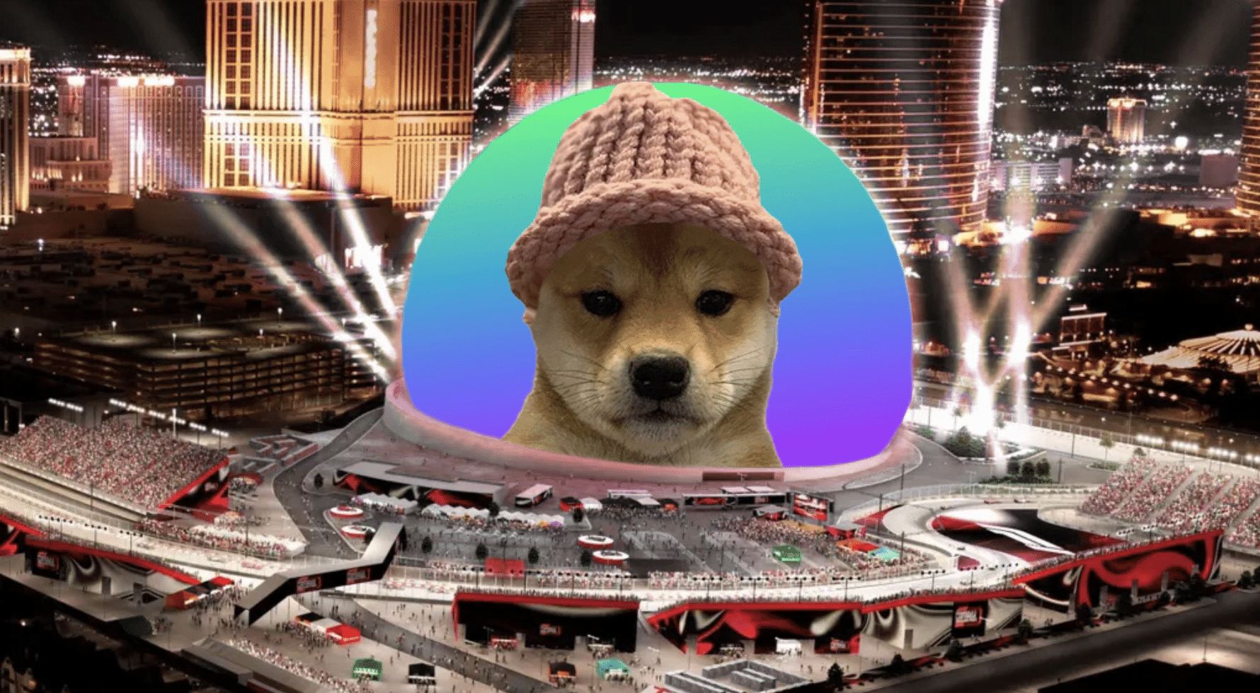 Una imagen editada con el meme Dogwifhat colocado en la Esfera de Las Vegas (https://wif-sphere.vercel.app/)