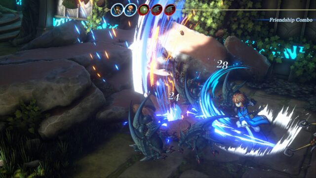 A screenshot from the game Eiyuden Chronicle: Hundred Heroes where the characters Seign and Nowa are using a friendship combo to deal damage to enemies.