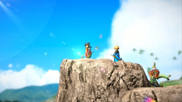 Una captura de pantalla del juego Eiyuden Chronicle: Hundred Heroes donde la protagonista Nowa está parada en lo alto de una meseta con los personajes Marisa y Seign detrás de él.
