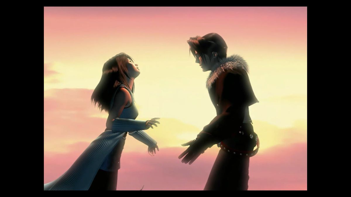 Squall en Rinoa benaderen elkaar tegen een zonsondergang voor een omhelzing in deze screenshot van Final Fantasy 8 Remastered