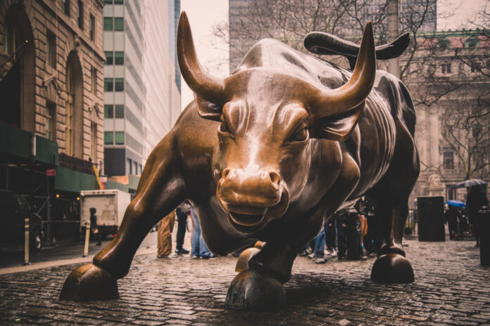 뉴욕시 로어 맨해튼에서 황소를 충전하는 모습.