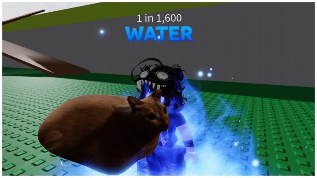 De afbeelding laat zien dat mijn avatar overdag in het blokvormige bakstenen gras staat met de wateraura die een waterstroom uit mijn avatars lichaam spuwt. Mijn avatar houdt ook het Gwa Gwa-item voor zich