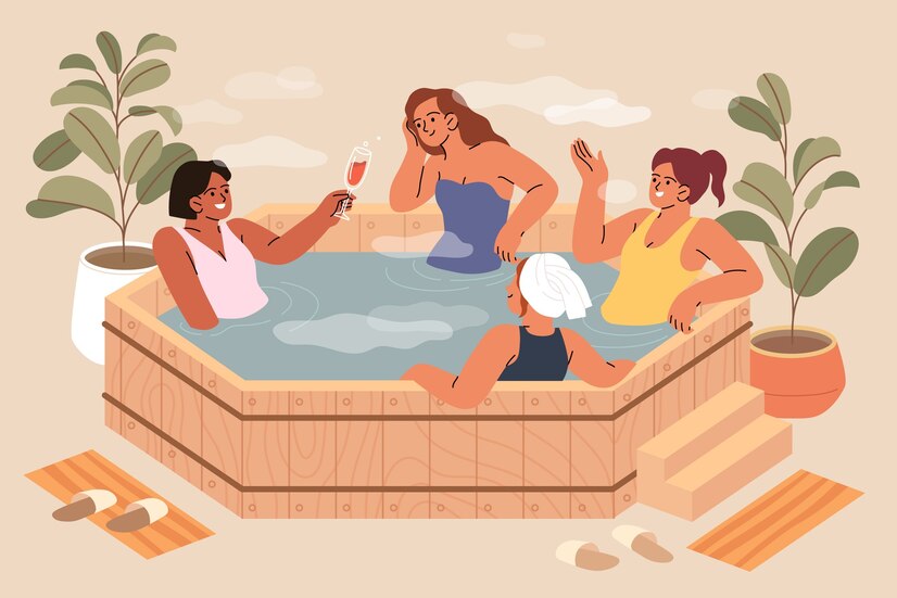 Een illustratie van 4 dames in een bubbelbad.