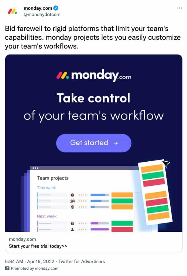 X(트위터)의 Monday.com 게시물; 소셜 미디어 전략 예시