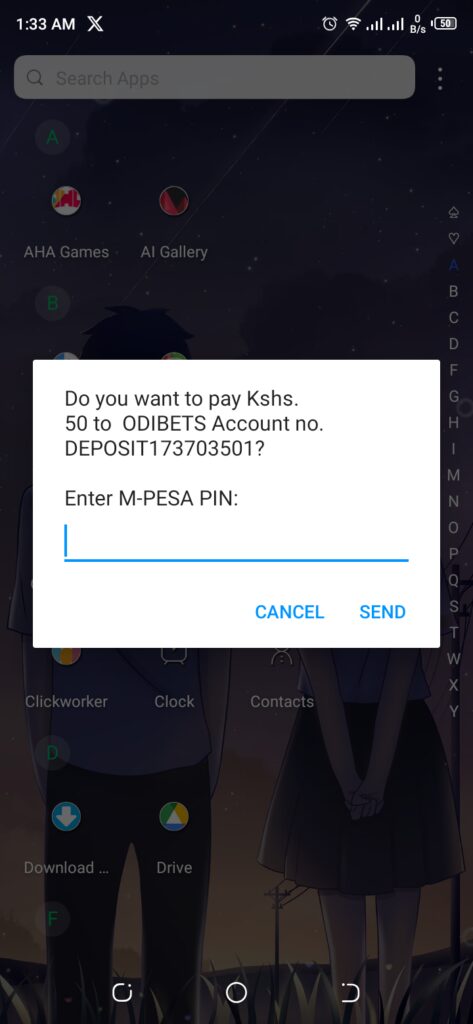 M-Pesa-Eingabeaufforderung auf Odibets