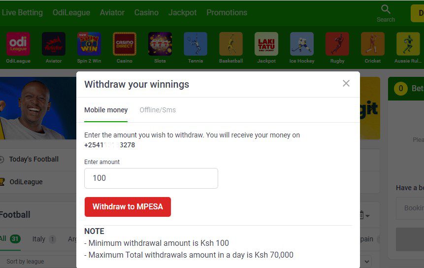 withdraw to mpesa on Odibets
