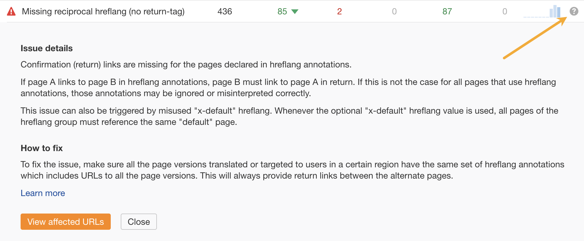 Exemplo de dica sobre como corrigir problemas de hreflang na auditoria de site do Ahrefs.