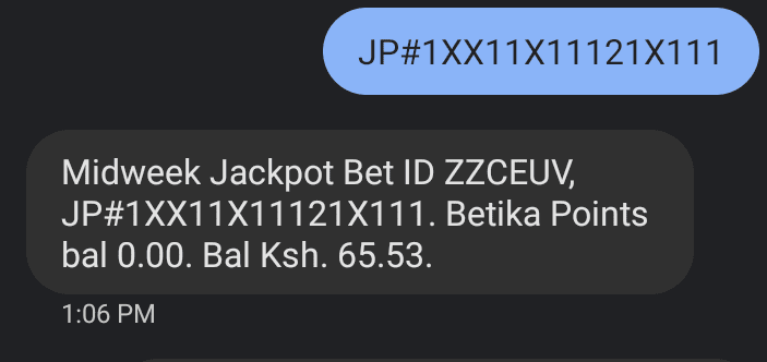 Messaggio di conferma da Betika dopo aver piazzato un jackpot via SMS