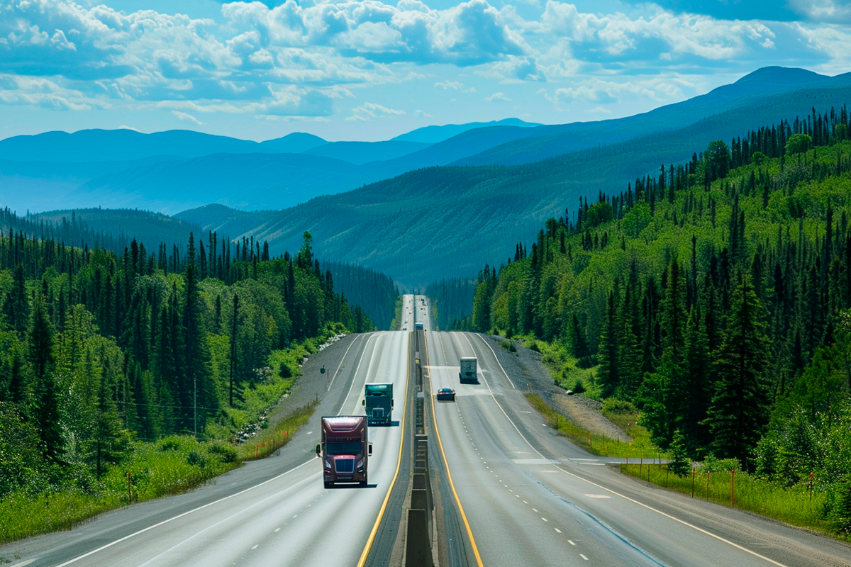 290224_Doğa temelli çözümlerle iş seyahati emisyonlarını nasıl azaltabilirsiniz_Alaska, Amerika Birleşik Devletleri'nde kamyonların geçtiği bir otoyolun resmi_blog_Visual-2
