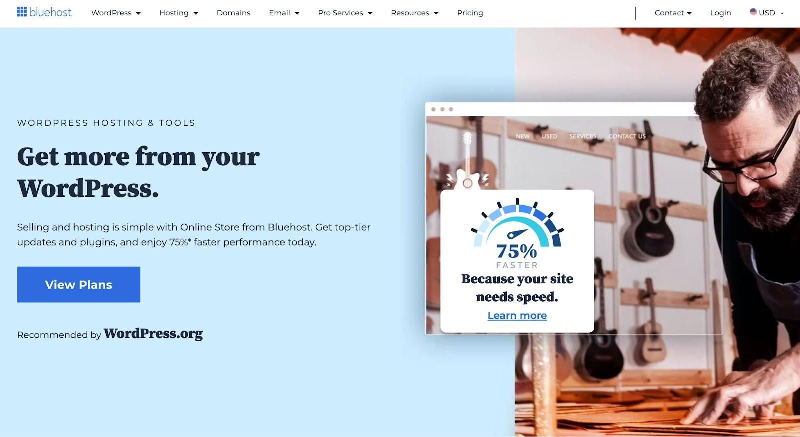 product page for bluehost wordpress website hosting