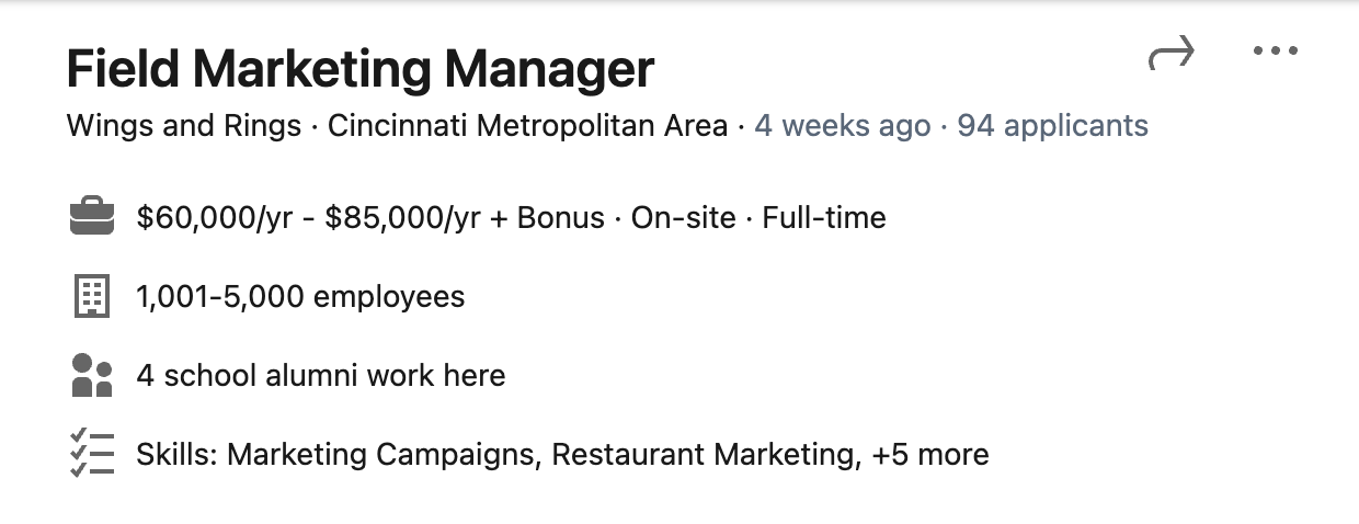 Publicación de trabajo en LinkedIn para un gerente de marketing de campo en Wings and Rings