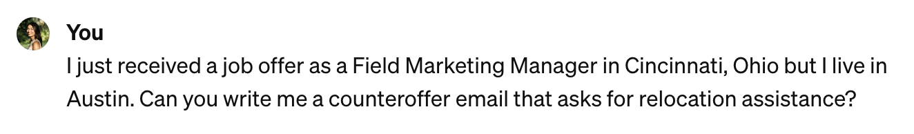 Maaş pazarlığı konusunda ChatGPT için karşı teklif e-posta örneği istemi