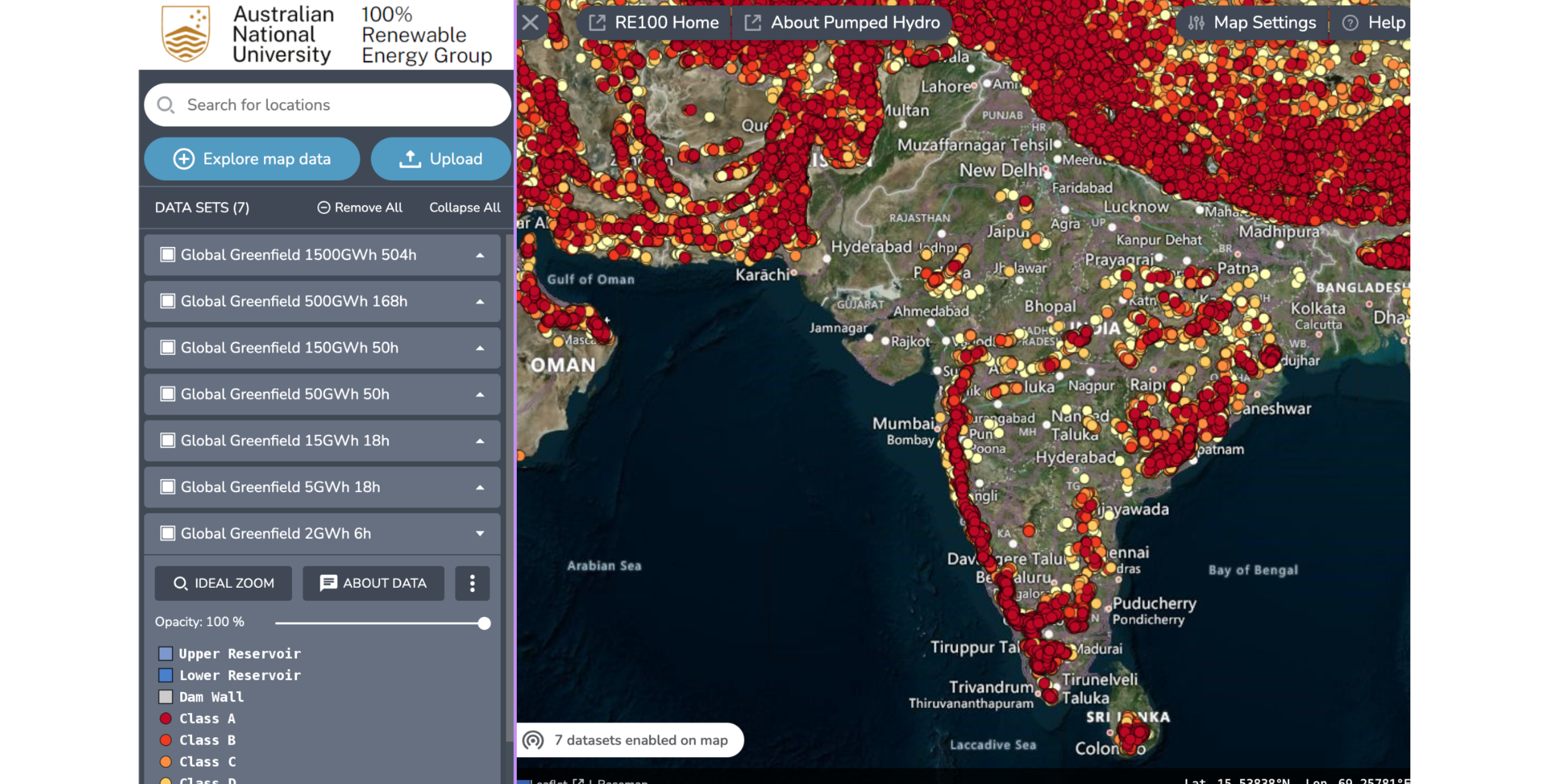 Closed loop, pumped hydro resource capacity in India per Australia National University's global GIS greenfield atlas