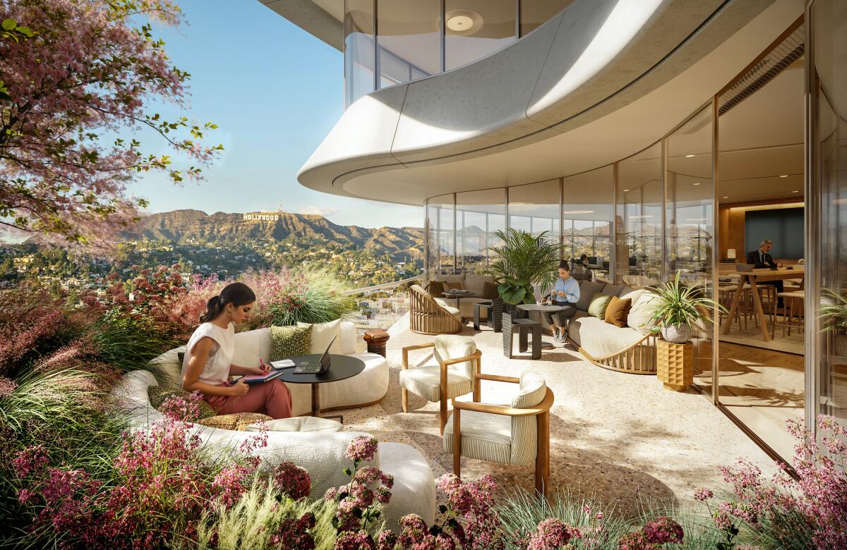 Os planos para o edifício de escritórios Star em Hollywood prevêem terraços exteriores paisagísticos que atendam aos inquilinos em cada andar.