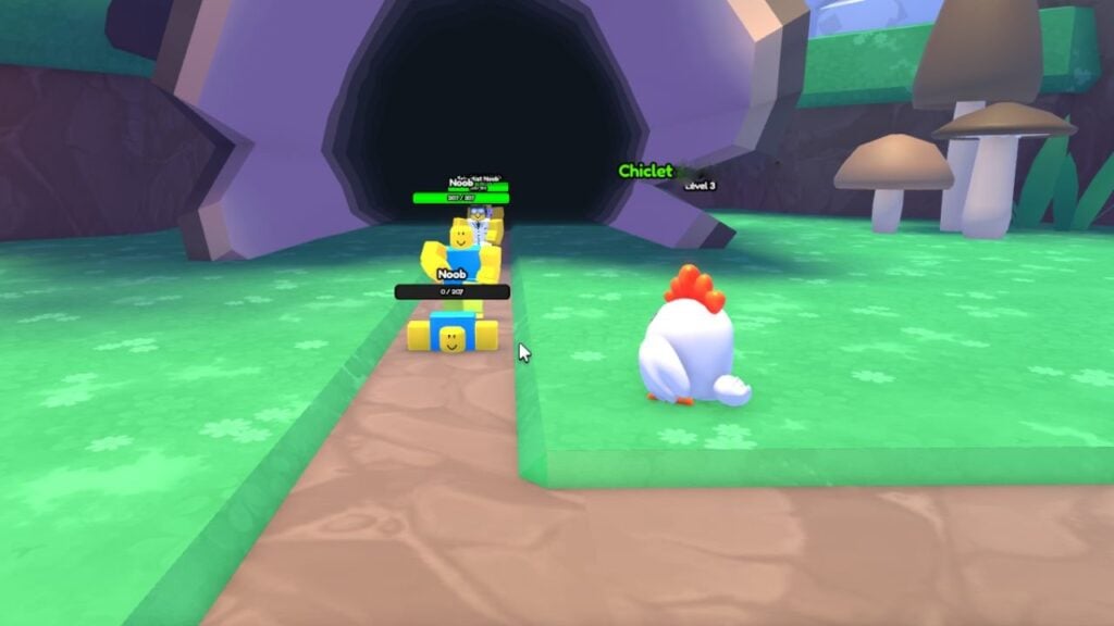 Pal Tower Defense コードガイドの注目の画像。これは、大きな白い鶏に似たチクレットユニットに向かって道に沿って行進している Noob 敵の列を示しています。