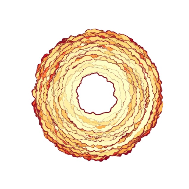 Diagram dat lijkt op een donut, bestaande uit kronkelige rode, oranje en gele lijnen