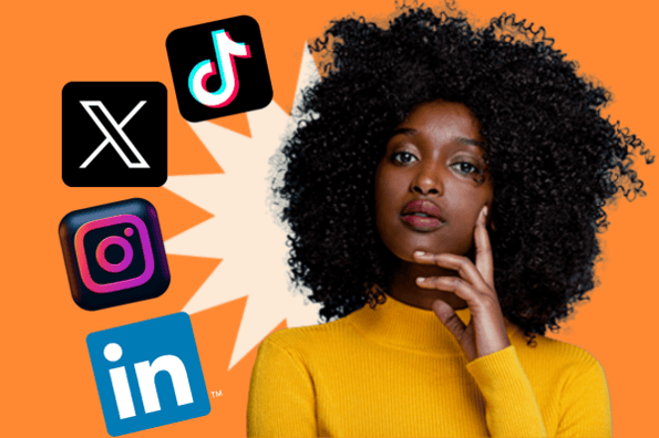 7 tipos de mídias sociais; Uma mulher pensa em várias plataformas de mídia social que pode utilizar em uma campanha de marketing