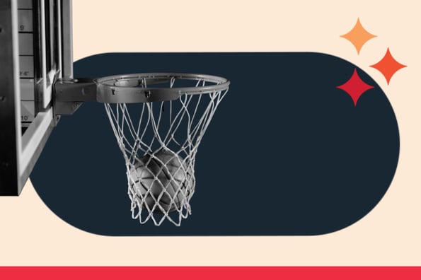 March Madness representado por uma bola de basquete entrando em uma cesta de basquete