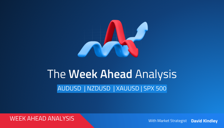 market insights on AUDUSD, NZDUSD, XAUUSD, and SPX 500 index for the upcoming week.