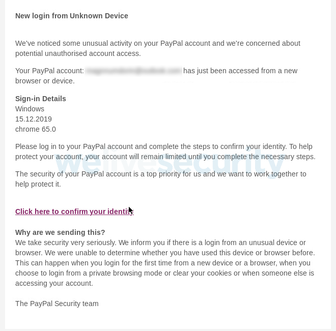 phishing -ejemplo de correo electrónico