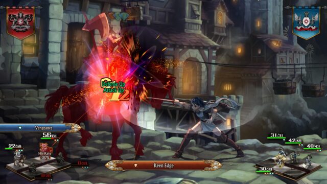 Ein Screenshot aus dem Spiel Unicorn Overlord. Der Charakter Leah greift einen dunklen Ritter an und verursacht einen kritischen Treffer von 12 Schadenspunkten, der dem Feind einen Schlag versetzt, der seine Verteidigung und seinen Angriff verbessert.