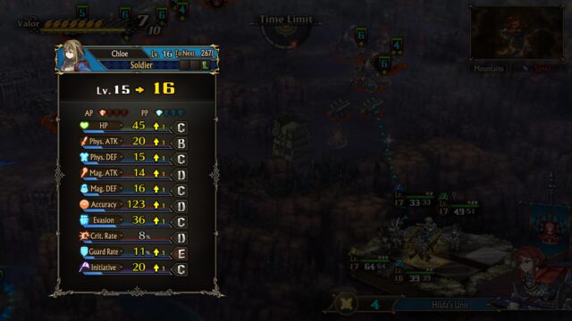 Een screenshot van het spel Unicorn Overlord. De schermafbeelding toont het level-up-scherm waarin Chloe een level omhoog gaat van level 15 naar 16 en al haar statistieken verbetert, behalve Crit. Tarief.