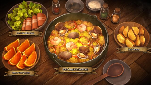 A screenshot of the game Unicorn Overlord. The screenshot shows a table with delicious looking food. The food items are Ripened Sweet Oranges, Fresh-Sliced Ham Salad, Fresh-Caught Seafood Paella, and Fluffy Potatoes.