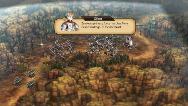 Ein Screenshot aus dem Spiel Unicorn Overlord. Der Screenshot zeigt mehrere Einheiten auf der Overlord-Karte hinter mehreren Barrikaden. Gilbert spricht über sie hinweg und sagt: „Zenoiras Hauptstreitmacht marschiert von Burg Soldraga nach Nordosten.“