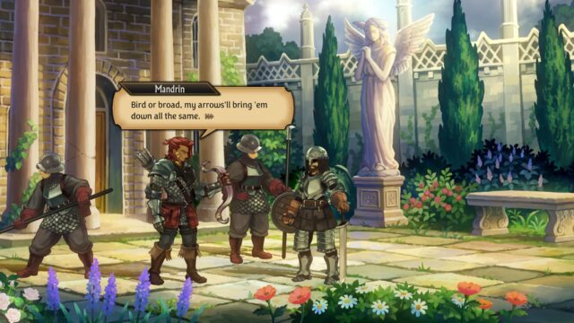 Στιγμιότυπο οθόνης από το παιχνίδι Unicorn Overlord. Ο Μαντρίν, ένας τοξότης, λέει, «Πουλί ή πλατιά, τα βέλη μου θα τα κατεβάσουν το ίδιο».