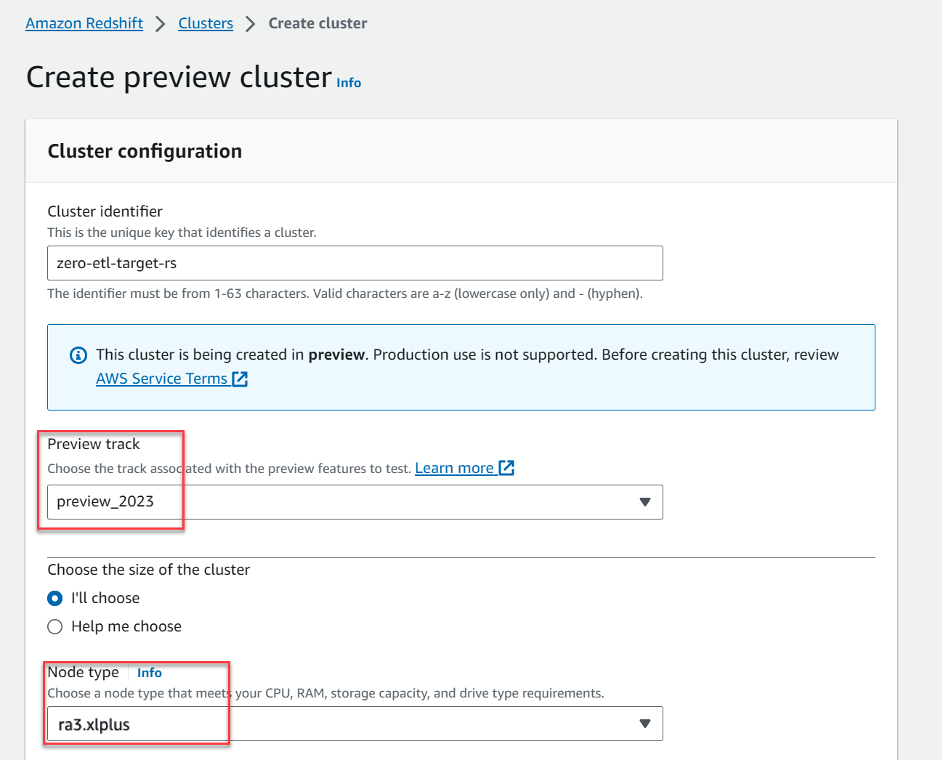 Selected ra3.xlplus node type for preview cluster