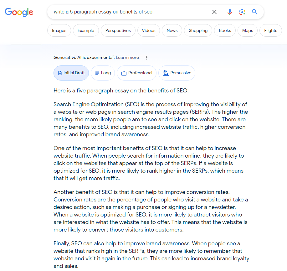 Google SGE, SEO hakkında bir makale yazıyor