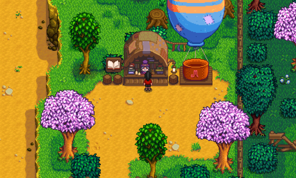 The bookseller as seen in Stardew Valley during spring