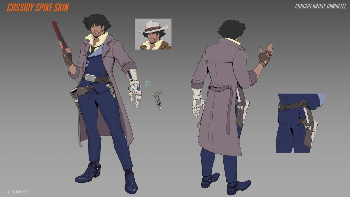 Concept artwork of Cassidy as Spike Spiegel from Cowboy Bebop, showing the character from front and back and with an inset of Cassidy wearing a hat