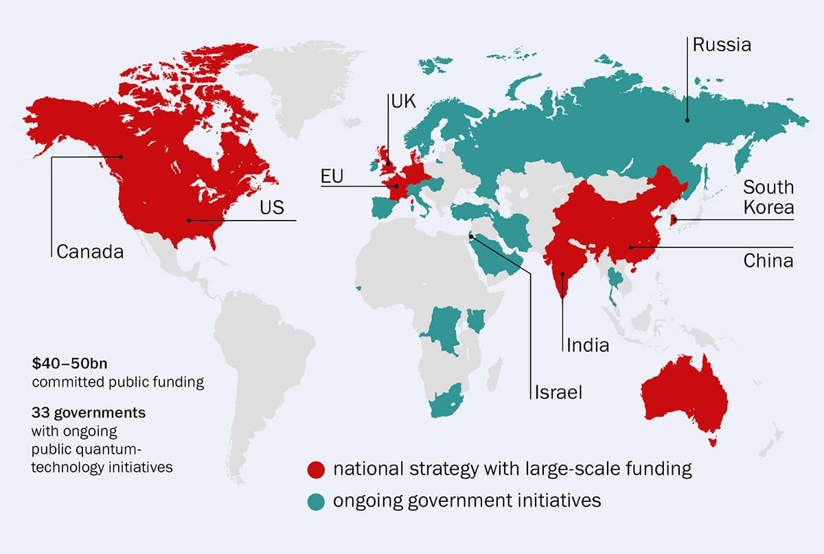 Mapa świata pokazująca kraje posiadające inicjatywy rządowe w technologii kwantowej