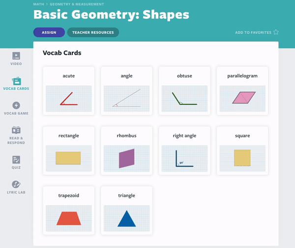Basic Geometry Shapes Vocab Cards