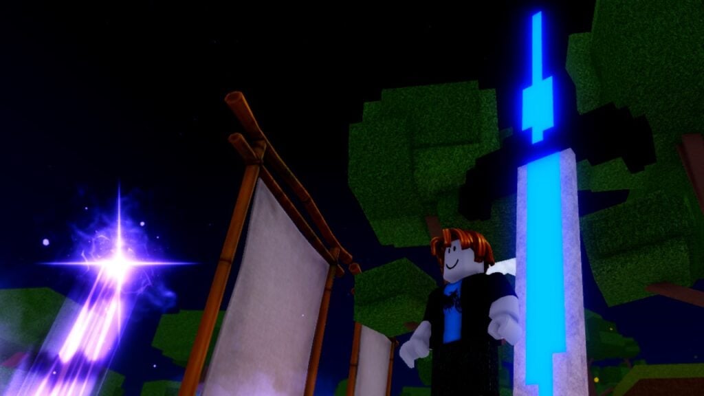 Parlayan mavi bir kılıcın önünde duran Roblox oyunu Aura RNG'den bir karakter.