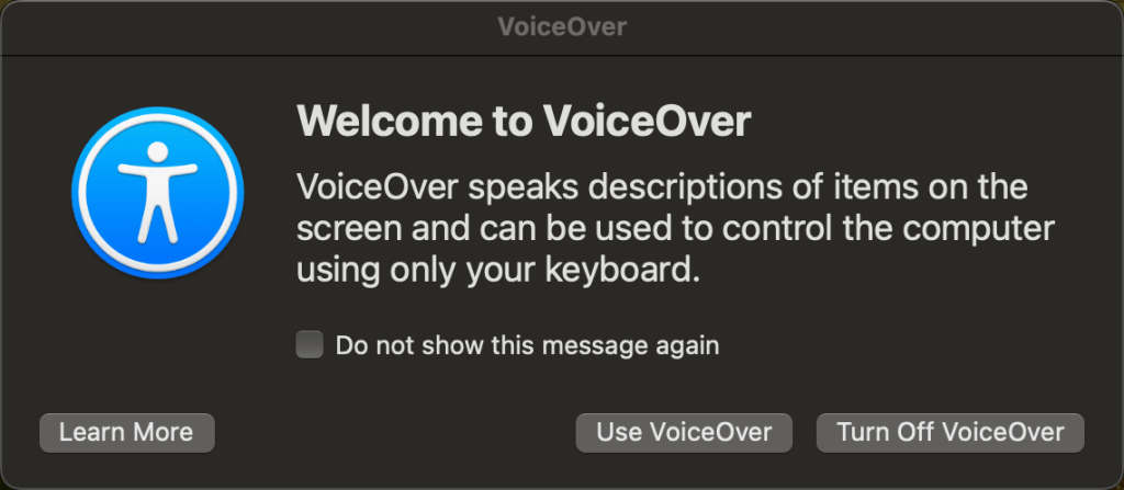 Bienvenido al cuadro de diálogo de VoiceOver al abrir la voz en off.